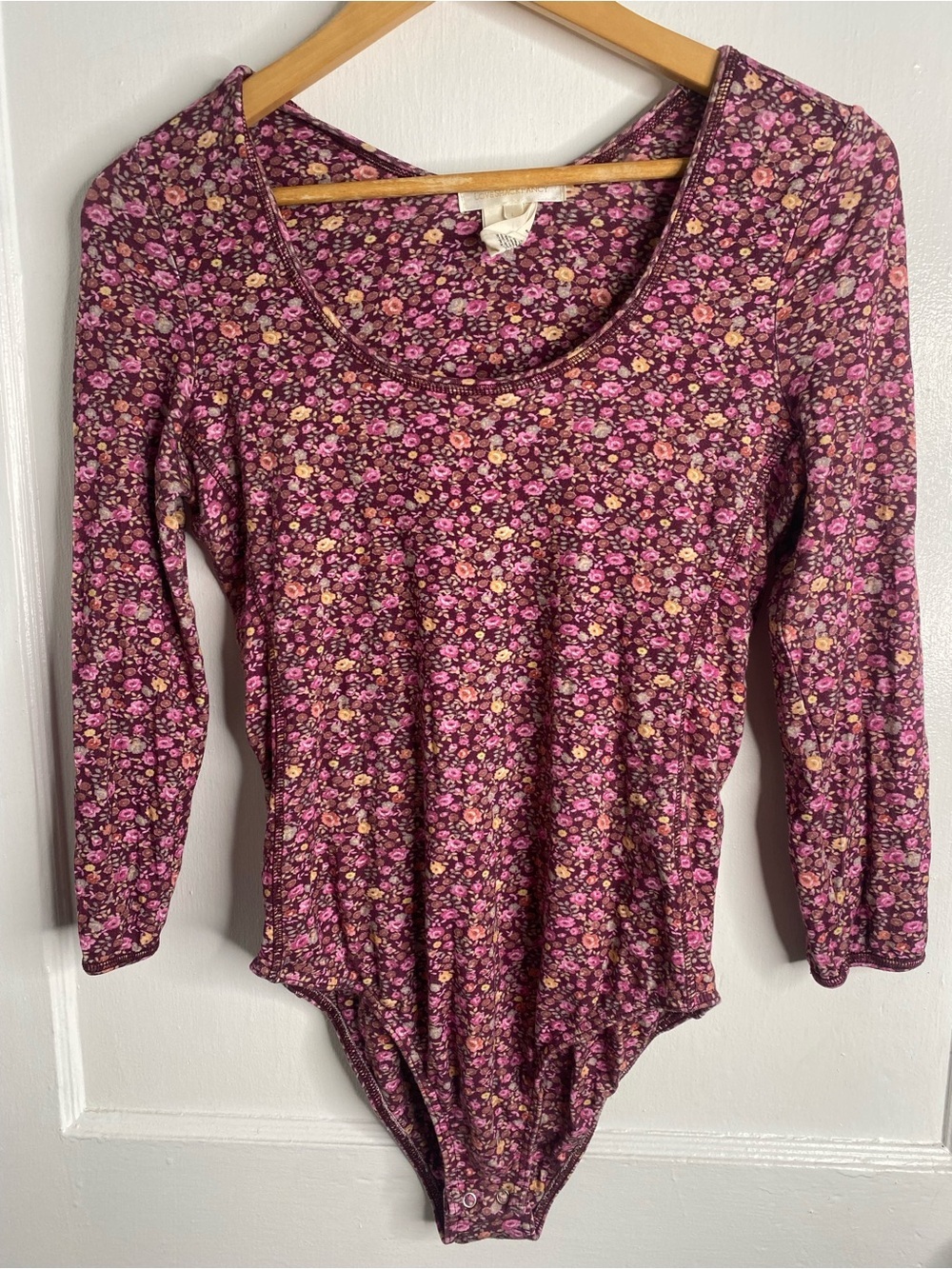 LoveShackFancy Helene Cherry Wine Floral Scoop-Neck Long Sleeve Bodysuit Flaw